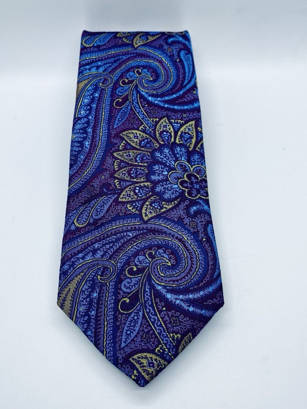Ventura Tie Blue Purple All Over Paisley Flower Jacquard Silk Handmade in USA